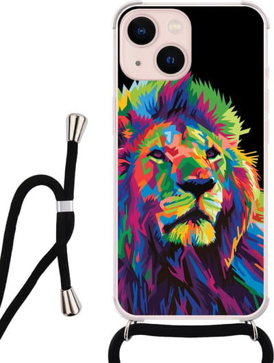 Hoesje met koord - Geschikt voor iPhone 13 - Leeuw pop art - Verstelbaar zwart koord - Zwart, Transparant, Multi - Print / Illustratie - Leuke Telefoonhoesjes