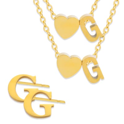 Initiaal Ketting & Armband & Oorbellen set met Letter G Goudkleurig - Stainless Steel - Met letter & Hartje! - 3x Sieraden Cadeau - Pax Amare