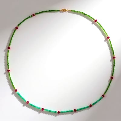 Cavill - Zilveren Halsketting 925 Sterling Zilver Verguld - Kersenkwarts 14,991 ct & Groene Onyx - Elegante Kleurrijke 80 cm Ketting