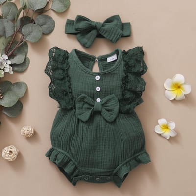 0-18 Maanden Pasgeboren Baby Meisje Effen Zachte Romper Kant Wijde Mouw Zomer Romper met Hoofdband Peuter Baby Meisje Kleding 0-3M black