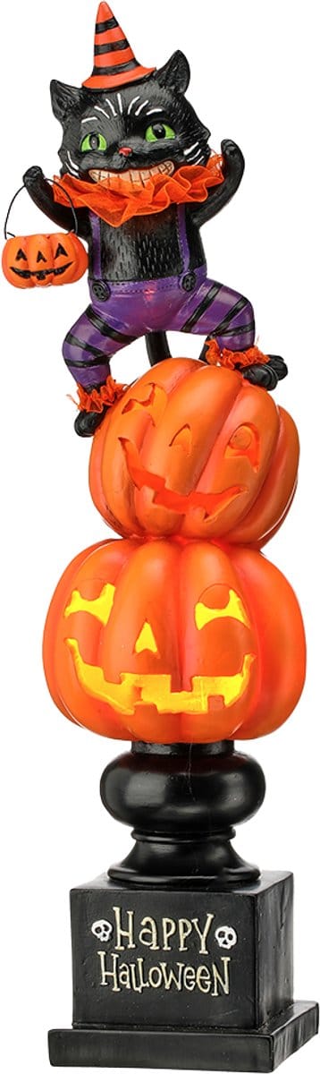Viv! Christmas Halloween Decoratie Beeld - 'Happy Halloween' Kat op Stapel Pompoenen incl. LED Verlichting - 53 cm