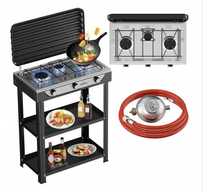 HOMELUX 3-pits gasfornuis met onderstel - 5,4 kW - Kookstel - Camping gasfornuis met plankjes - 1,5 m aansluitslang en 50 mbar drukregelaar - KWALITATIEF - Zwart