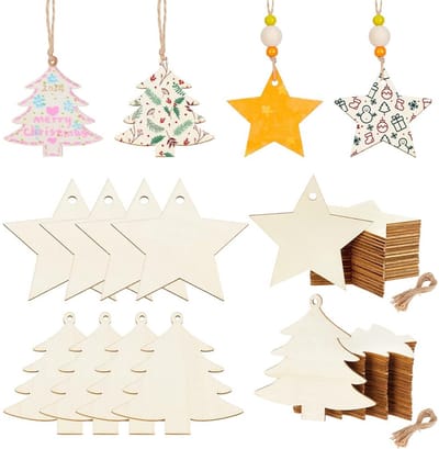 Dailygoods- Houten Sterornamenten 40 Stuks - Kerstboom Decoratie - Doe-Het-Zelf Ambachten - Hennepkoord - Feestdecoratie - Afmetingen 77,5 x 78,5 mm