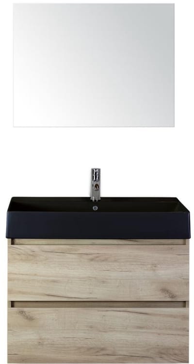 Maxx XL Badmeubelset 80 cm - Craft Oak - Wastafel Kube Zwart 1 Kraangat met Spiegel