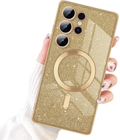 Glitter Sequin Design Hoesje Compatibel met Magsafe Magnetische Case Geschikt voor: Samsung Galaxy S24 Ultra - Zachte TPU Case - Goud