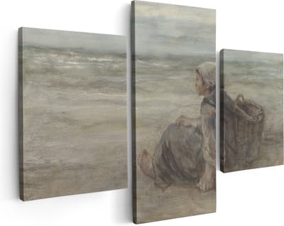 Artaza Canvas Schilderij Drieluik Vissersmeisje op het Strand - Jozef Israëls - 90x60 - Foto Op Canvas - Canvas Print