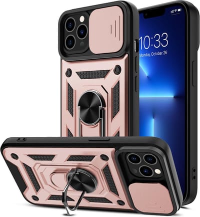 Hoesje Geschikt voor iPhone 13 Hoesje met Camera Bescherming Rosegoud - Hoesje Geschikt voor iPhone 13 met ring houder Rugged Armor Back Cover - Case - Camera Schuif