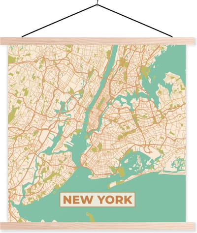Posterhanger incl. Poster 40x40 cm - Schoolplaat - New York - Vintage - Stadskaart - Plattegrond - Kaart - Textielposter - Blanke latten - Stadskaart