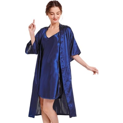 Dames Zijde Satijnen Pyjama 2-delig Sexy Zijdeachtig Pj Badjas Set met Chemise Nachthemd XL