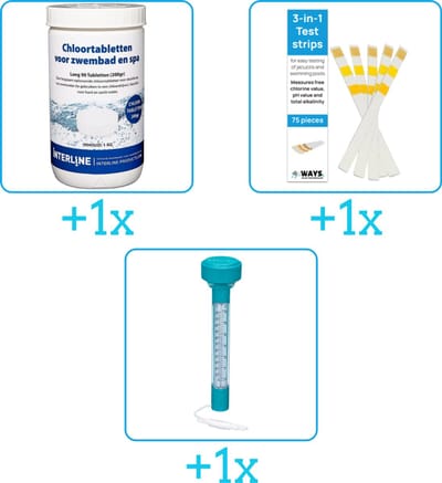 Zwembad Onderhoudspakket - Onderhoud Zwembad - bevat Chloor - Testrips en Thermometer (3-delig)
