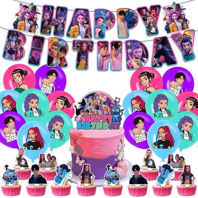 Décoration de Fête d'Anniversaire Kpop Vaisselle Ensemble Fournitures de Fête d'Anniversaire Ballons Topper de Gâteau Drapeau Suspendu Gobelets Décoration de Fête K-pop