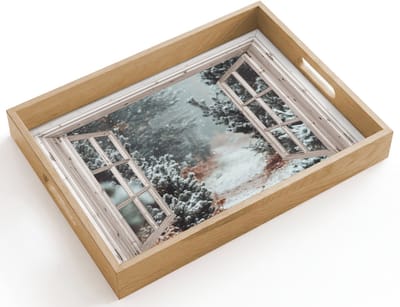 Dienblad hout 40x30 cm - Schootdienblad - Bos - Winter - Bomen - Natuur - Pad - Doorkijk - Wit - Borrelplank rechthoek - Plateau dienbladen