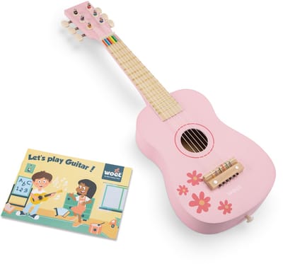 Woet® Houten Speelgoedgitaar met Draagriem - Roze met Bloemen - Speelgoedinstrument - Mijn eerste Gitaar Inclusief Muziekboekje - Speelgitaar voor Kinderen - Vanaf 3 jaar