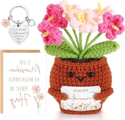 Cadeauset voor Vrienden met Pocket Hug, Gehaakte Bloemen, Geluksbrenger en Sleutelhanger voor Verjaardag en Vriendschap