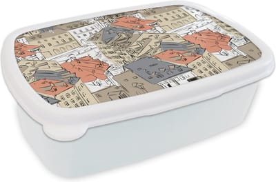 Broodtrommel Wit - Lunchbox - Brooddoos - Gebouw - Patronen - Steden - 18x12x6 cm - Volwassenen