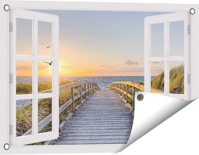 Gards Tuinposter Doorkijk Voetpad met Zee en Vogels - 60x40 cm - Tuindoek - Tuindecoratie - Wanddecoratie buiten - Tuinschilderij
