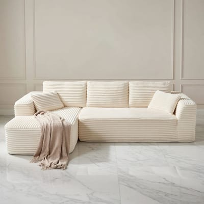 CloudComfort Hoekbank met Slaapfunctie – Modulaire Corduroy Slaapbank L-Vorm – 270 cm – 3-Zits met Voetenbank – Geen Montage – Beige House&Garden