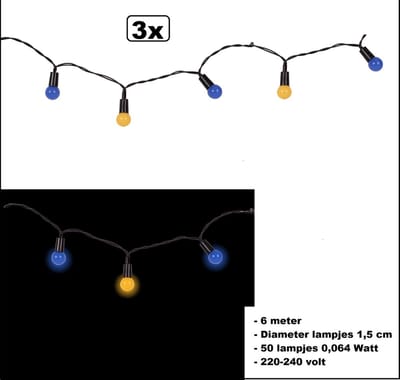 3x Verlichting blauw/geel 6 meter - Carnaval thema feest festival Verlichting