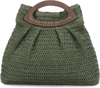 Allecto Plus - Stro handtas voor dames - geweven zomer strand boodschappentas - reizen stro portemonnee tas met houten handvat - trendy accessoire voor party en vakantie