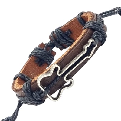 Rhylane – Armband Met Gitaar– Leder en Touw – 17.5 + 14 cm - Zwart met Bruin