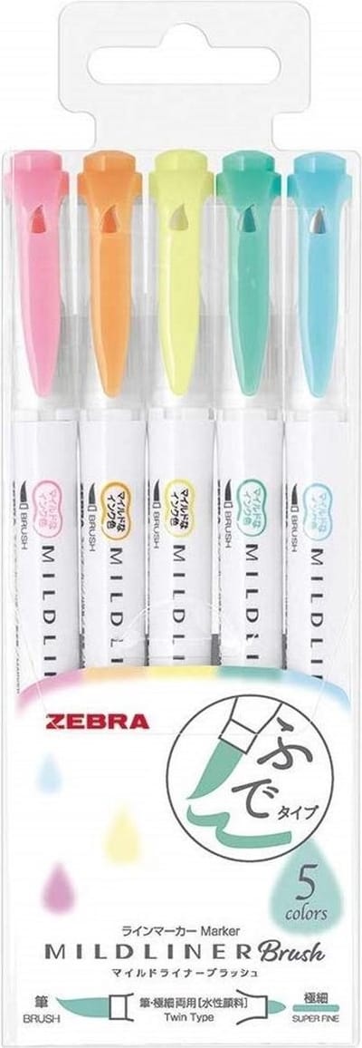 Zebra Mildliner Brush : Mild en Fluoriserend 5 stuks