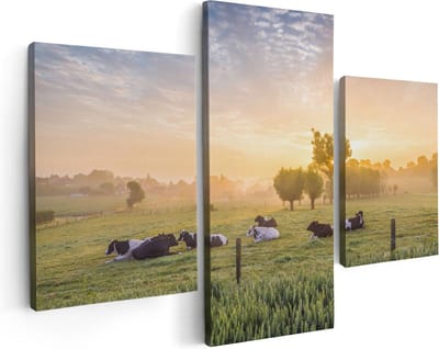 Artaza Canvas Schilderij Drieluik Koeien In De Wei Tijdens Zonsopgang - 90x60 cm - Wanddecoratie Woonkamer - Schilderijen - Muurdecoratie