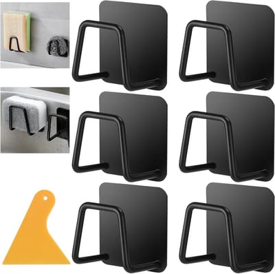 Dailygoods - Sponshouder, 6 stuks sponshouders voor keukenspoelbak, zelfklevend, universele haak, keukenaccessoires, voor gootsteen, accessoires (zwart)