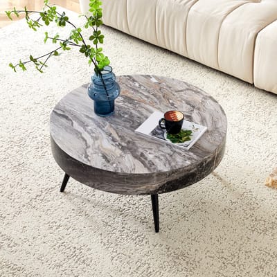 MODENUIT Salontafel - Rond Met Marmerlook - Voor Woonkamer Bij Bank - MDF En Metaal - Grijs/Zwart - 70x35,5 Cm