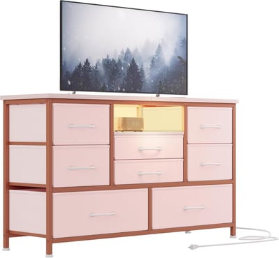 Tv-meubel met stoffen lades- commode- tv-meubel met ledverlichting- metalen frame- ladekast met organizer- voor slaapkamer- hal-woonkamer-roze