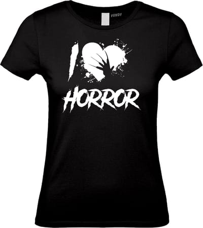 Dames t-shirt I Love Horror | Halloween Kostuum Volwassenen | Horror Shirt | Gothic Shirt | Zwart dames | maat XS