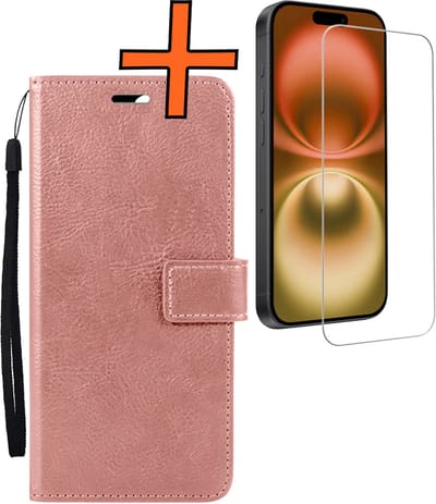 Hoes - Met Screenprotector - Geschikt voor Apple iPhone 16 - Luxe Pasjeshouder - Bookcase Portemonee - Flip Case - Kunstleer Book Case - Flipcase - Book Cover - Walletcase - PortemonneeHoes - Rosé goud