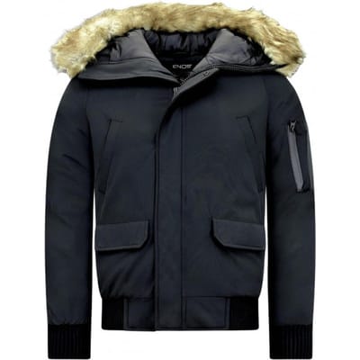 Korte Heren Winterjas - Met Faux Bontkraag - Zwart