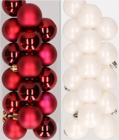 32x stuks kunststof kerstballen mix van donkerrood en wit 4 cm - Kerstversiering
