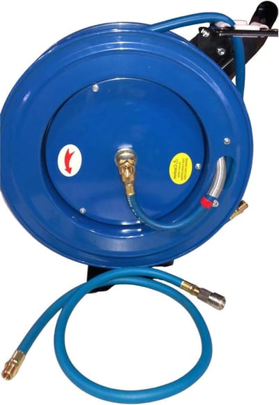 Perslucht slanghaspel - Automatische oproller - Werkplaats organiseren - Automatische oprolfunctie - 15 meter - Blauw