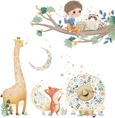 Spicker I Kindje met fluit in boom met dieren I Muursticker I Babykamer I Speelkamer I Slaapkamer I Kinderkamer I Decoratie sticker I Wanddecoratie I Muurdecoratie I Baby I Jongen I Meisje