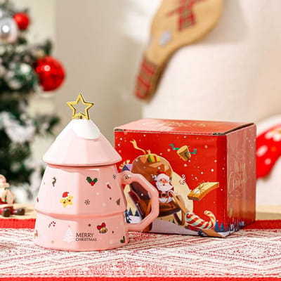 Creatieve Kerstmok Kerstboom Keramische Kop met Deksel Lepel Grote Capaciteit Koffiekop 301-400ml