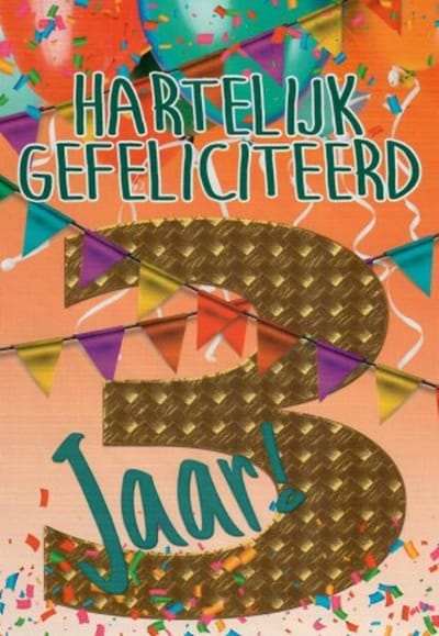 Gefeliciteerd! Je bent 3 jaar geworden! Een feestelijke kaart met slingers en ballonnen. En niet te vergeten de confetti. Een leuke kaart om zo te geven of om bij een cadeau te voegen. Een dubbele wenskaart inclusief envelop en in folie verpakt.