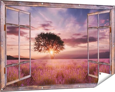 Gards Tuinposter Doorkijk Bloemenveld met Lavendel bij Zonsondergang - 150x100 cm - Tuindoek - Tuindecoratie - Wanddecoratie buiten - Tuinschilderij