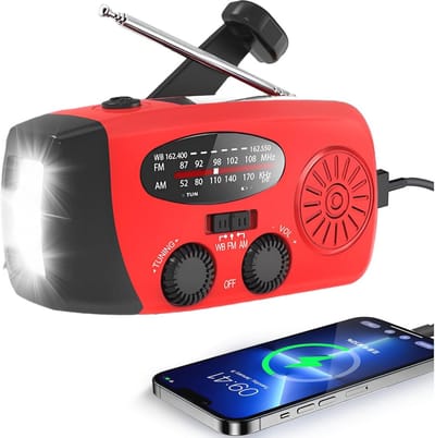 Draagbare Noodweer Radio met Zonenergie en Handcrank - NOAA/AM/FM, 3 LED Zaklamp en 2000mAh Power Bank