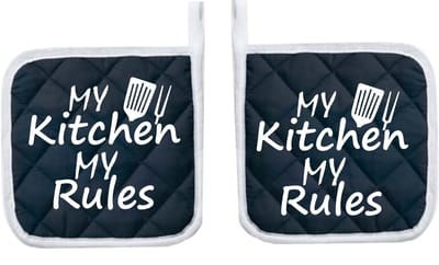 Eizook Pannenlappen 2 Stuks Navy Bedrukt - MY KITCHEN MY RULES - In WIT- Zacht Katoen met Polyester Pannenonderzetter Hittebestendige Pannenlap tot 250°C