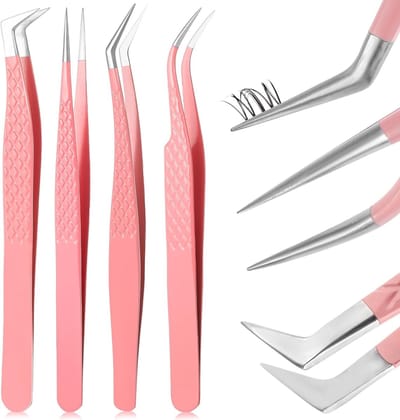 4 Stuks RVS Wimperpincetten voor Wimperextensions, Rechte en Gebogen Wimpertangen met Dots, Precisie Wimperverzorging en Make-up Tools