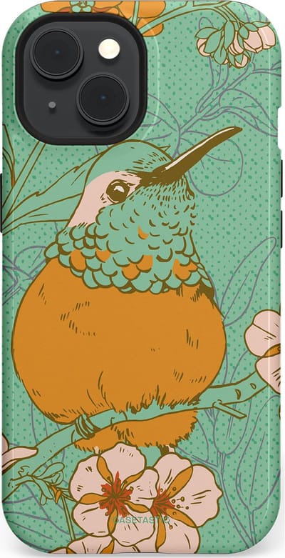 Casetastic hoesje geschikt voor Apple iPhone 15 - MagSafe - Dubbellaagse bescherming - Bloesem Kolibrie - Fashion Case - Mintgroen Okergeel Zand