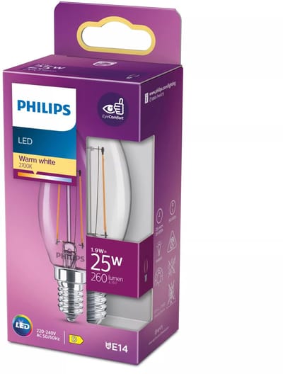 Philips LED lamp - Kaarslamp met E14 fitting - Warmwit licht: 2700K - 25W - Helder glas