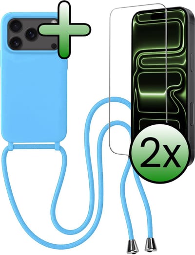 Hoes Geschikt voor iPhone 17 Pro / 18 Pro Hoesje Met Koord Met 2x Screenprotector - Telefoonhoesje Geschikt voor iPhone 17 Pro / 18 Pro Backcover Met Afneembaar Koord - Lichtblauw