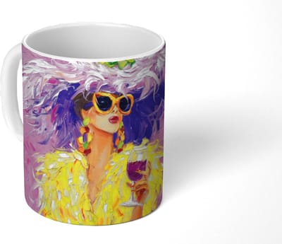 Mok - Koffiemok - Zonnebril - Vrouw - Jas - Veren - Mokken - 350 ML - Beker - Koffiemokken - Theemok