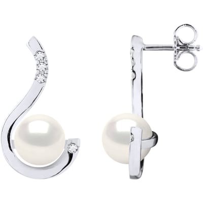 Oorbellen Prestige - Diamanten 0,08 ct - Kwaliteit HSI - Witgoud - Echte Gecultiveerde Zoetwaterparels Rond 7-8 mm