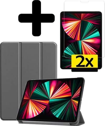 Hoes - Geschikt voor Apple iPad Pro (2021) - 12.9 inch - Met Screenprotector - Trifold Bookcase - Hard Cover - Hardcover Book Case - Tablet Hoesje - Grijs
