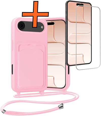 Hoesje Geschikt voor iPhone Air Hoesje Met Telefoonketting Pasjeshouder Case Met Screenprotector Koord - Hoesje Geschikt voor iPhone Air Hoes Met Kaarthouder - Lichtroze