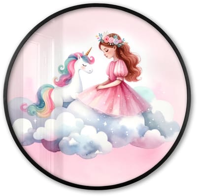 Poster in lijst Rond - Fotolijst 60x60 cm - Posters - Eenhoorn - Prinses - Unicorn - Roze - Wolken - Ronde posterlijst zwart - Decoratie - Wanddecoratie woonkamer - Muurdecoratie slaapkamer
