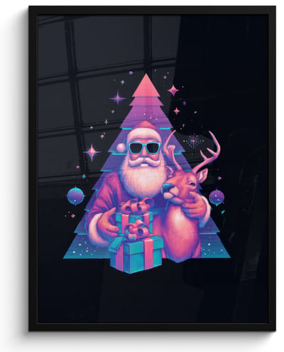 Poster in lijst - Fotolijst 60x80 cm - Posters - Retro - Kerstman - Rendieren - Kerstboom - Posterlijst zwart - Decoratie - Wanddecoratie woonkamer - Muurdecoratie slaapkamer - Kerstversiering - Kerstdecoratie voor binnen - Kerstmis